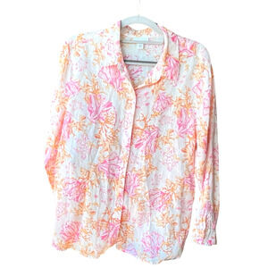 J. Jill Love Linen Shirt Women Size M Petite Coral Shell Turtle Print Breezy Fun